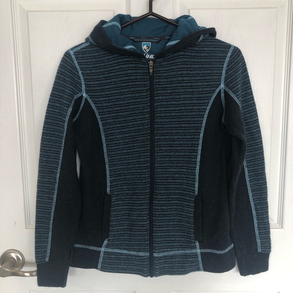 Kuhl hoodie full zip wool blend Chianti fleece. Pockets. Contrast stripe knit. S